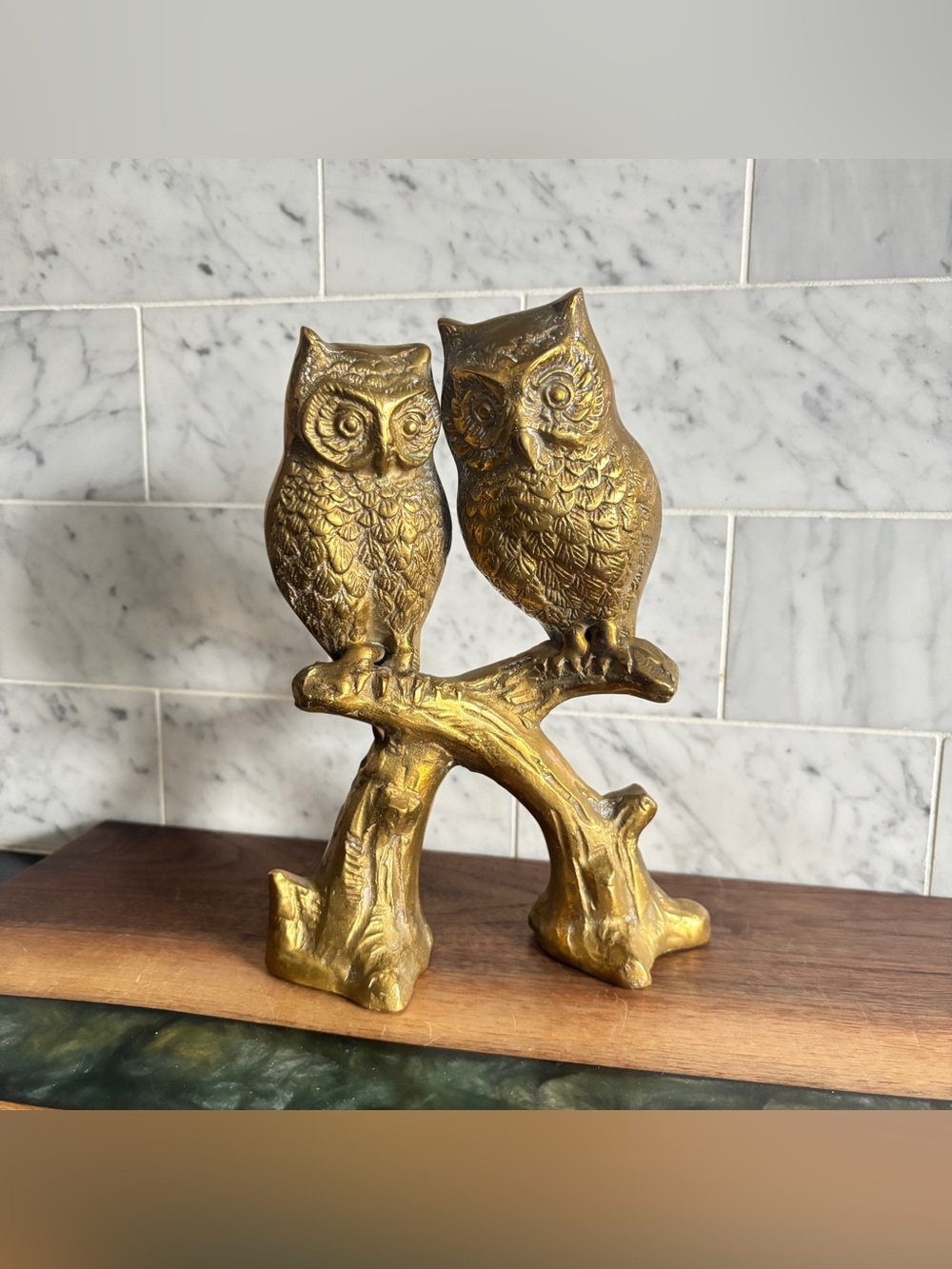 Vintage Mid Century 8” Pair of Owls on Branch Figurine Sculpture